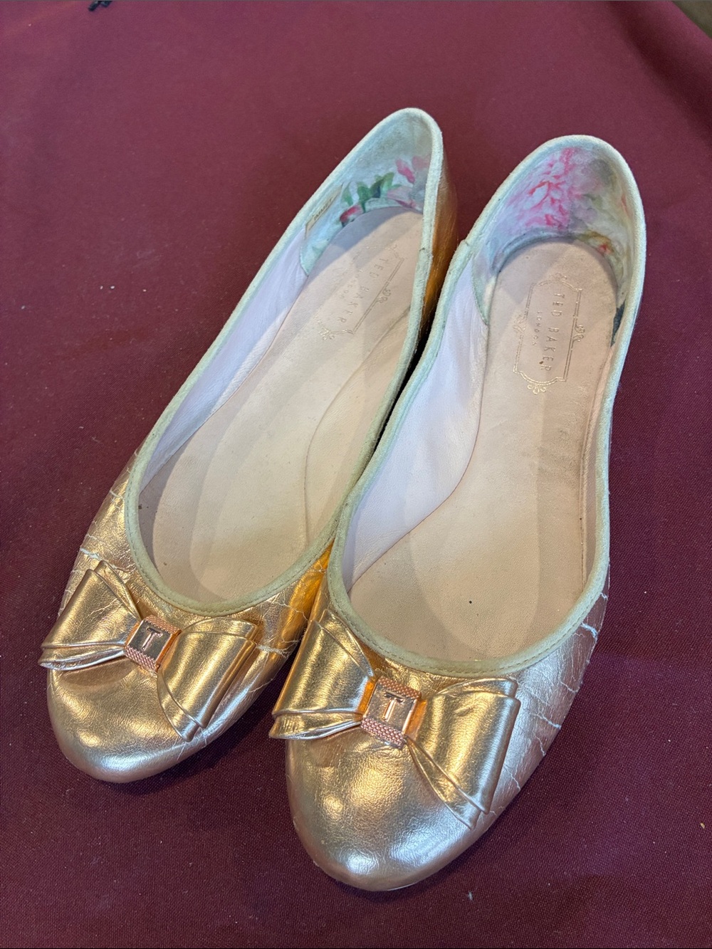 Ted Baker Metallic Gold Ballet Flats with Bow Accent - Women